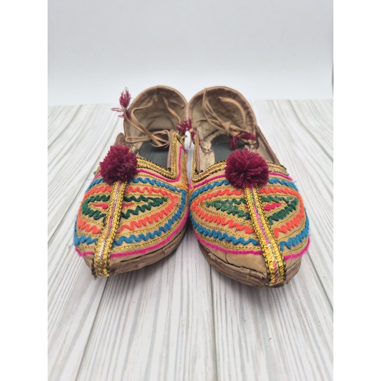 Vintage Rainbow Embroidered Indian Khussa Slippers With Pom Poms Size 6